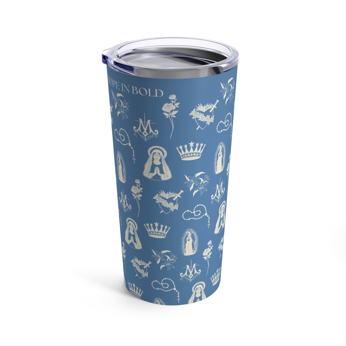 Virgin Mary Toile Tumbler in Sky/Ecru